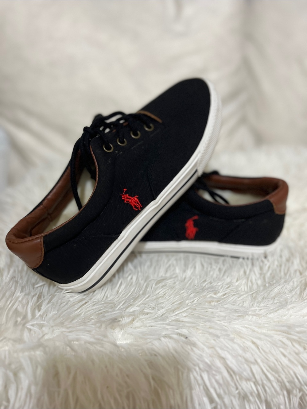 Polo by Ralph Lauren Black Canvas Sneakers Brown Collar Red Logo Very Clean!
